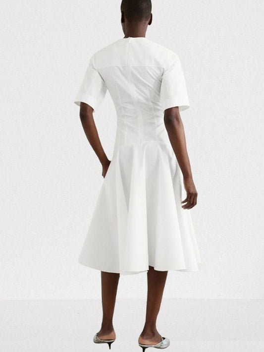 Short-Sleeve Corset-Style Seamed Midi Dress in White - Dresses