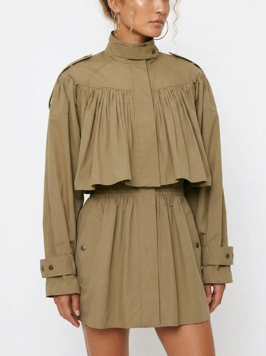Short Cotton Trench Coat with Smocked Waist - Coats