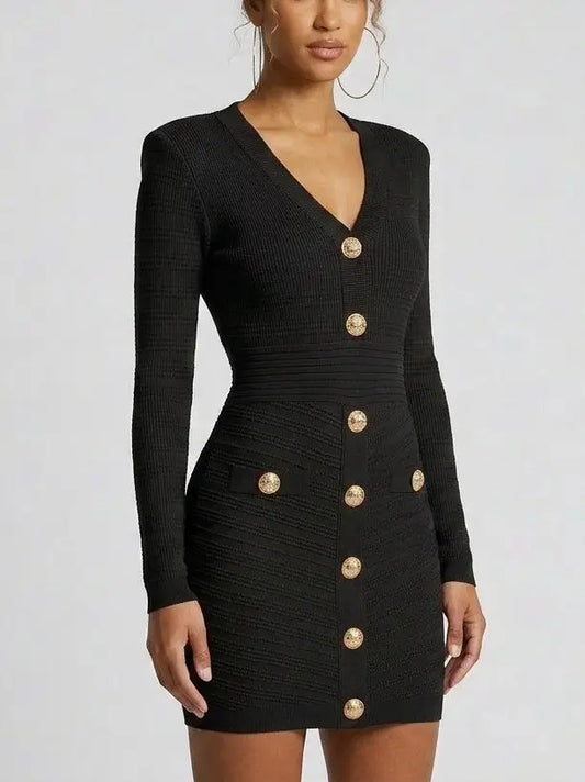 Short Knit Dress with Gold-Tone Buttons - Dresses