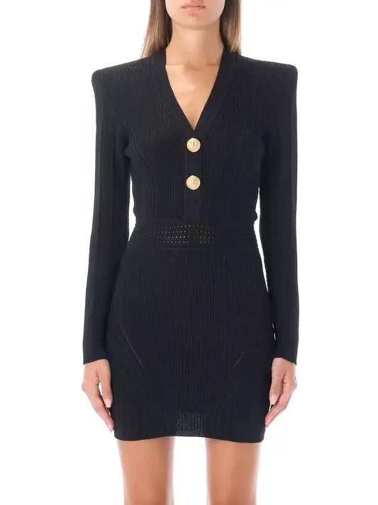 Short Knit Dress with Gold Buttons - Dresses