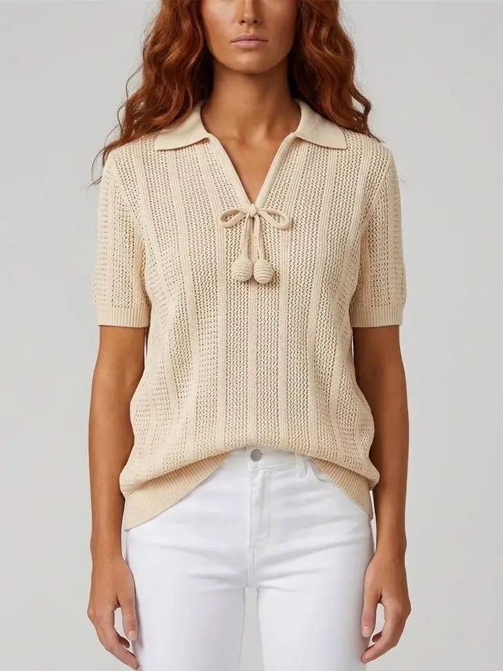 Short Sleeve Knit Polo Top with Tie Neck Detail - Tops