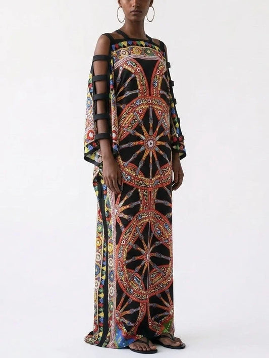 Sicilian Cartwheel Print Cutout Sleeve Kaftan Dress - Dresses
