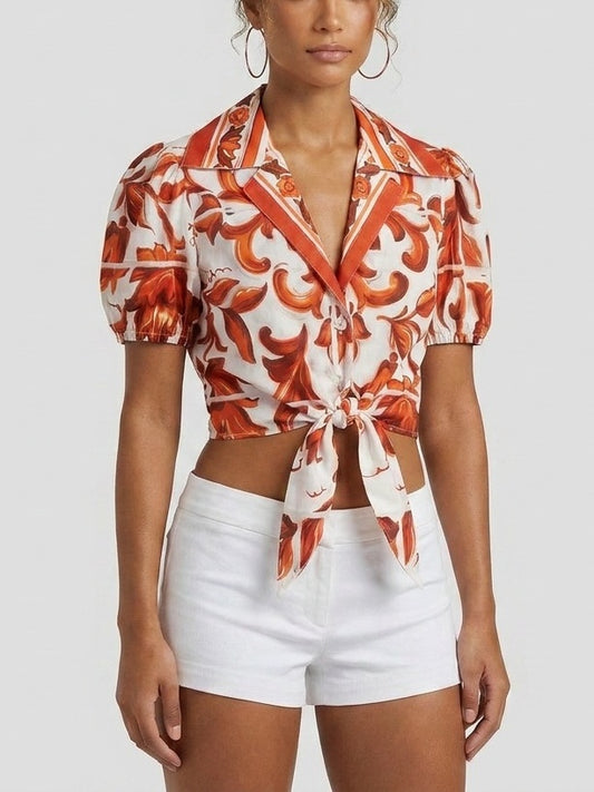 Sicilian Print Cropped Tie-Front Cotton Top - Tops