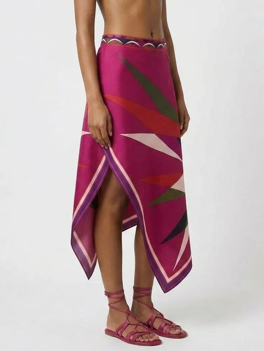 Silk Asymmetrical Abstract Print Midi Skirt - Skirts