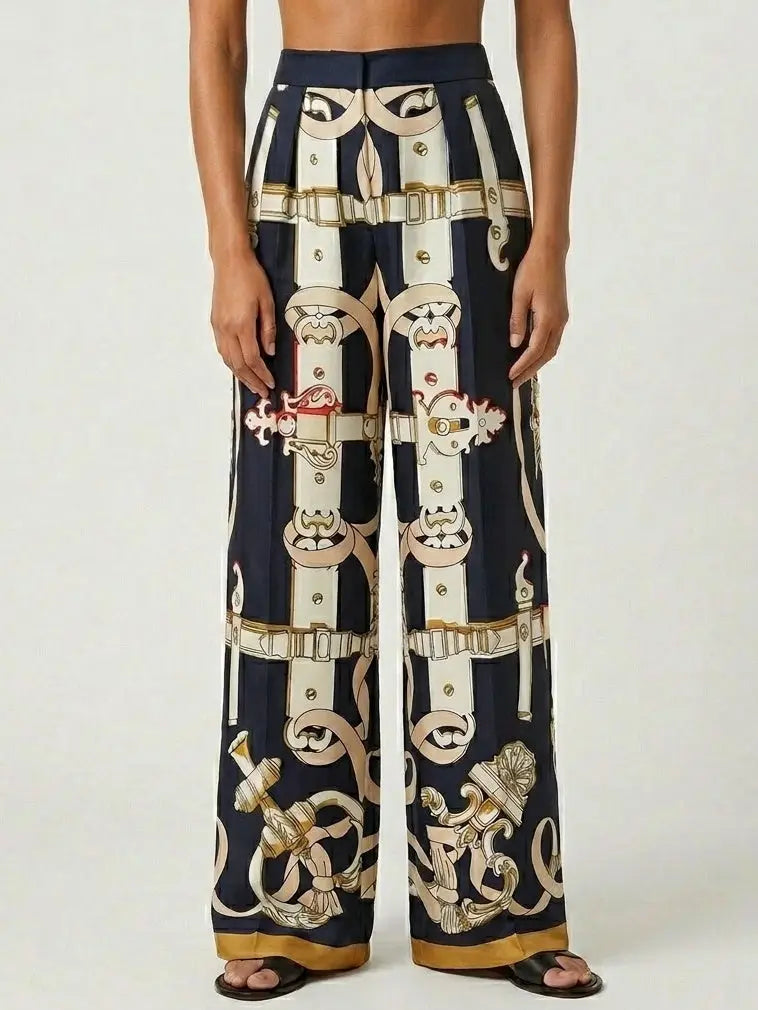Silk Baroque Print Wide Leg Pants - Jeans & Pants