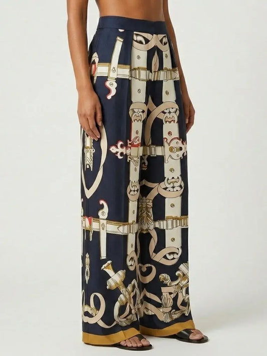Silk Baroque Print Wide Leg Pants - Jeans & Pants