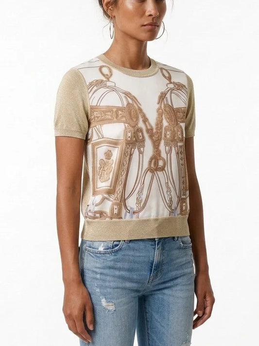 Silk Blend Equestrian Print Short Sleeve Sweater - Sweaters & Knitwear