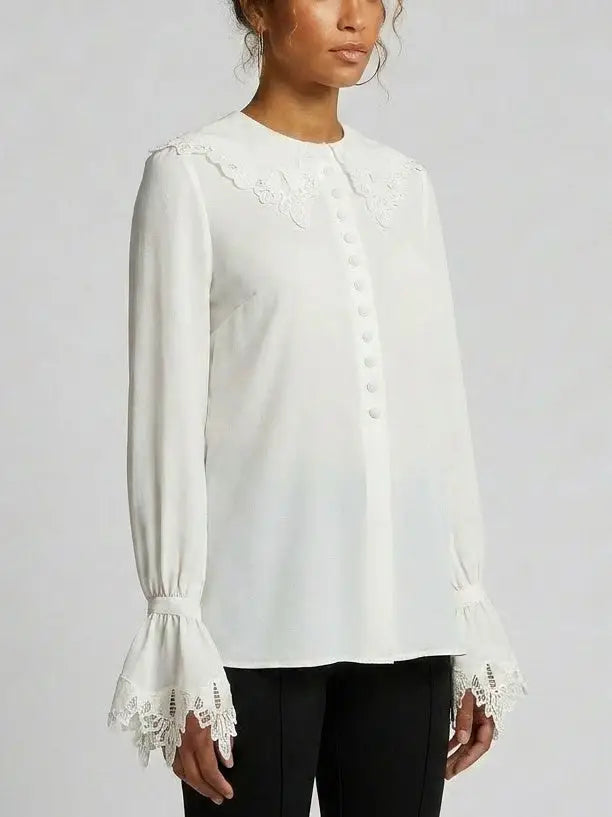 Silk Lace Collar Bell Sleeve Blouse - Tops