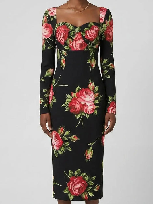 Silk Rose Print Sweetheart Midi Dress - Dresses