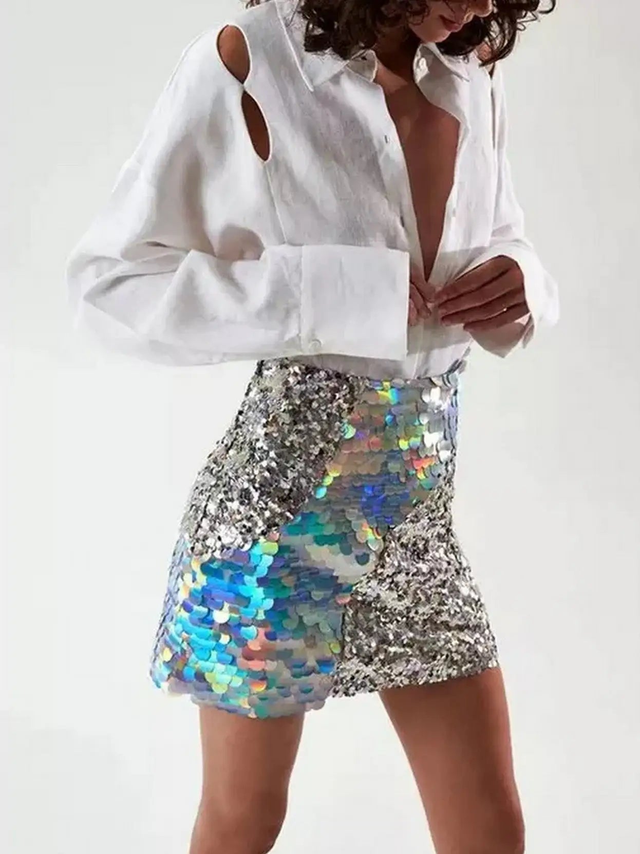 Silver Sequin-Embellished Mini Skirt - S - Skirts