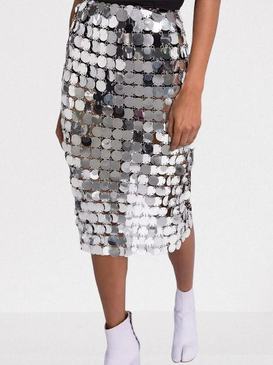 Silver Circle Mirror Sequin-Embellished Skirt - Skirts