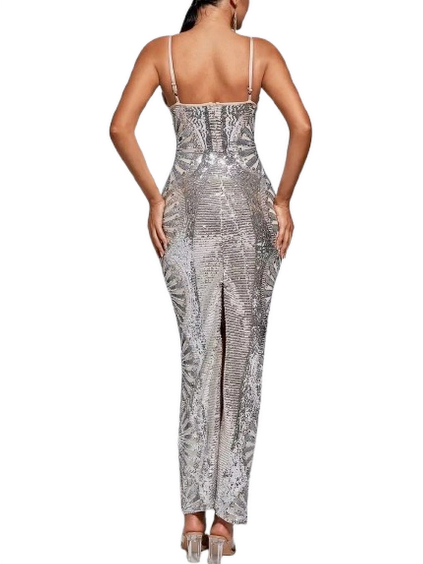 Silver Sequin-Embellished Evening Gown