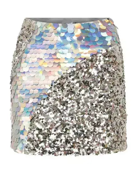 Silver Sequin-Embellished Mini Skirt - Skirts