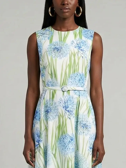 Sleeveless Blue Floral Belted Midi Dress - Dresses