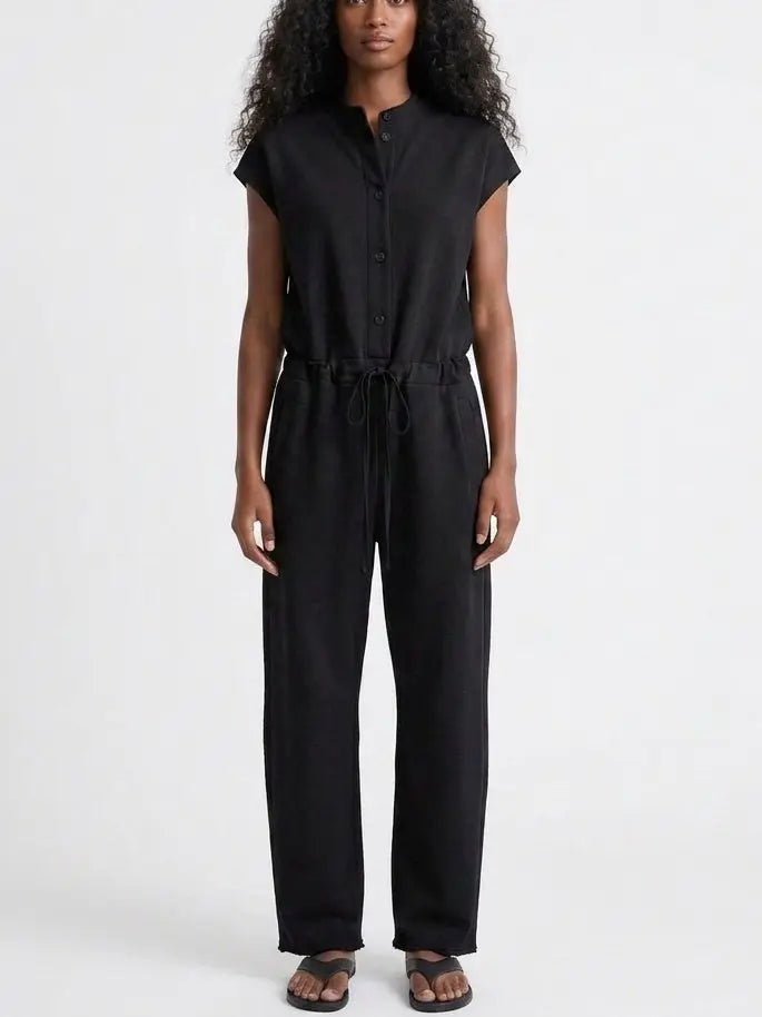 Sleeveless Button Front Drawstring Waist Jumpsuit - Small / Black - Suits & Sets