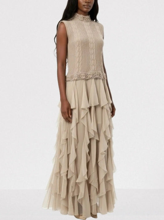 Sleeveless Cable-Knit & Ruffled Maxi Dress in Beige - Dresses