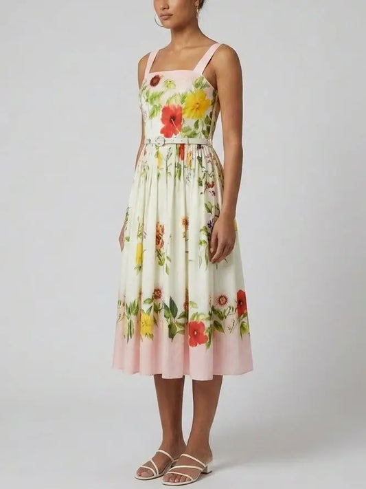 Sleeveless Floral Belted Cotton Midi Dress - Dresses
