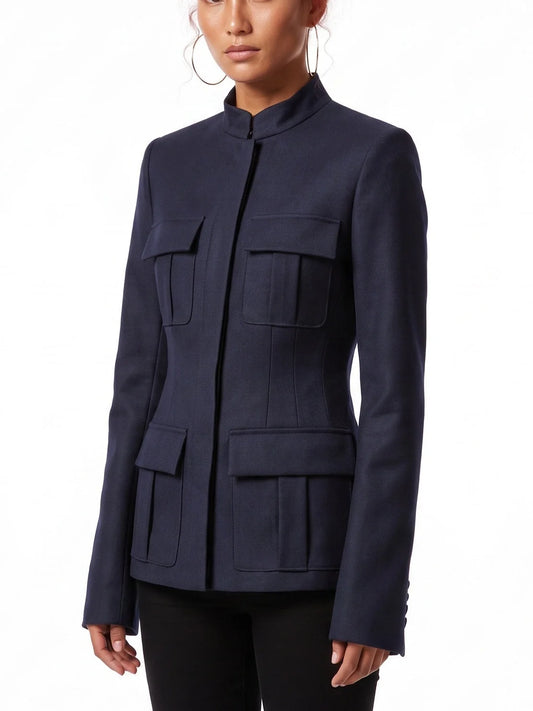 Stand Collar Four Pocket Tailored Blazer - Jackets