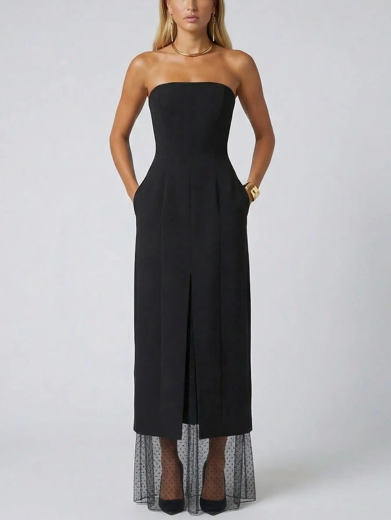 Strapless Black Midi Dress with Sheer Polka-Dot Hem - Dresses