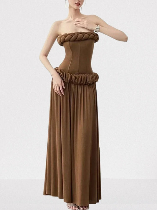 Strapless Braid Trim Corset Gown in Brown Dresses