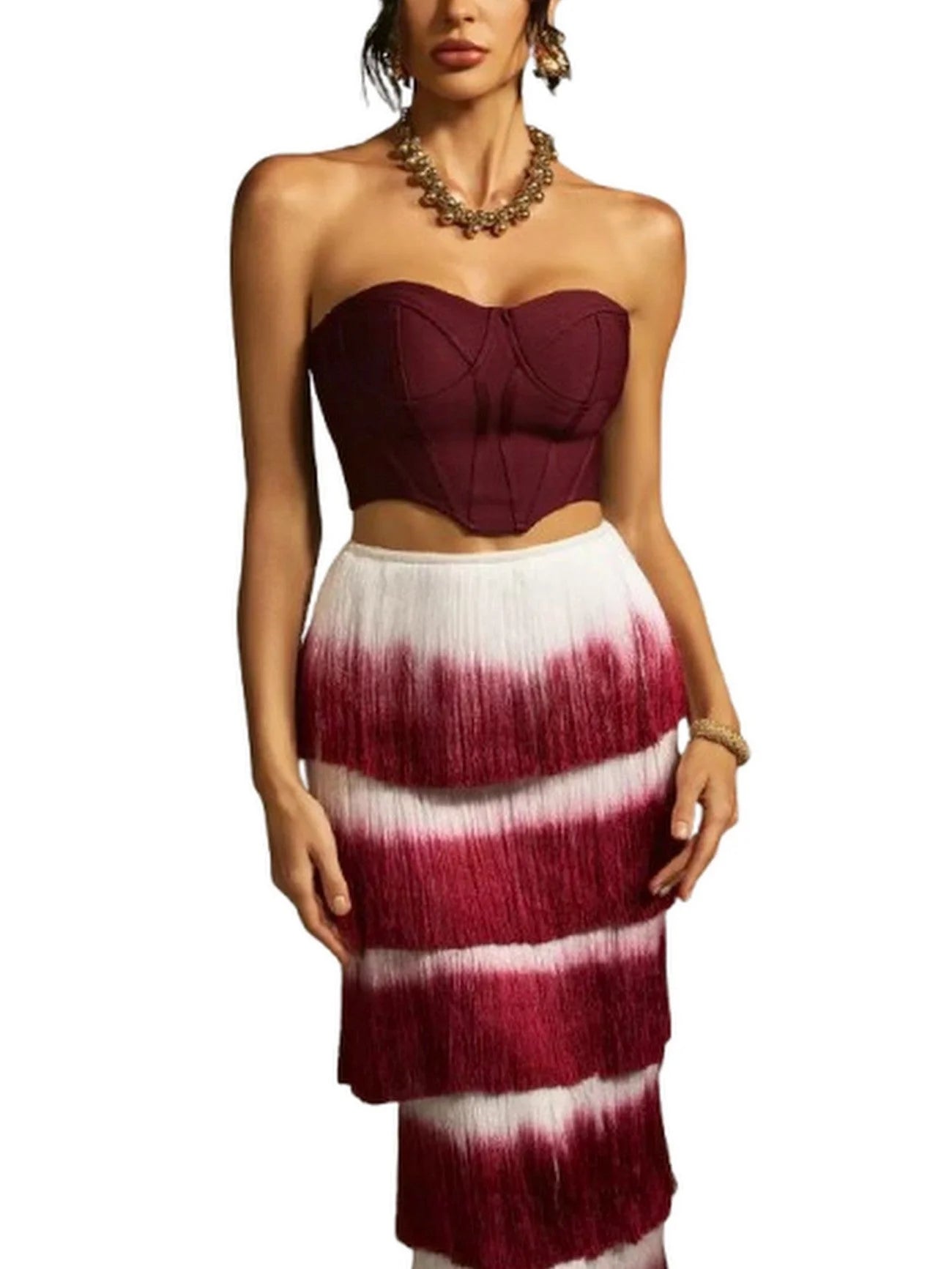 Strapless Corset Top and Fringed Tiered Skirt Set - Suits & Sets