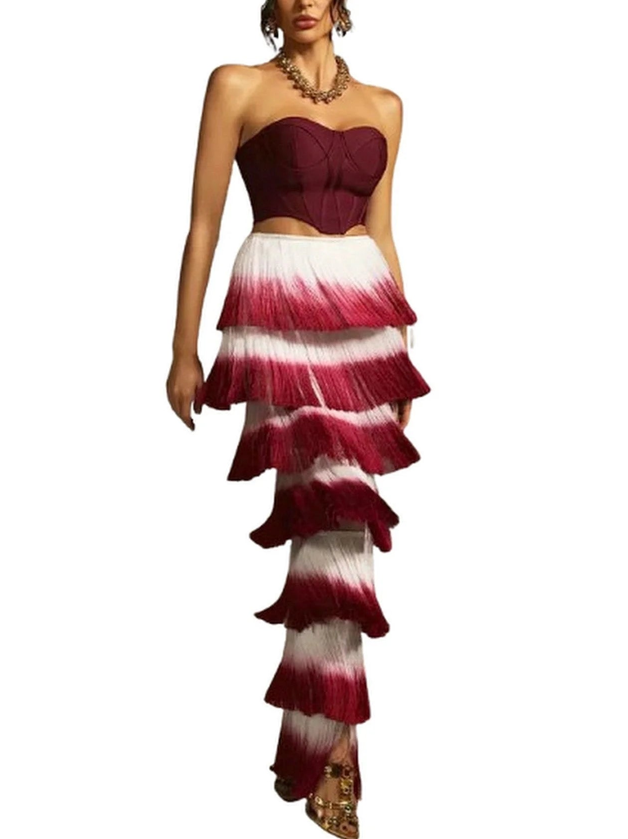 Strapless Corset Top and Fringed Tiered Skirt Set - Suits & Sets