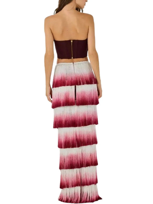 Strapless Corset Top and Fringed Tiered Skirt Set - Suits & Sets