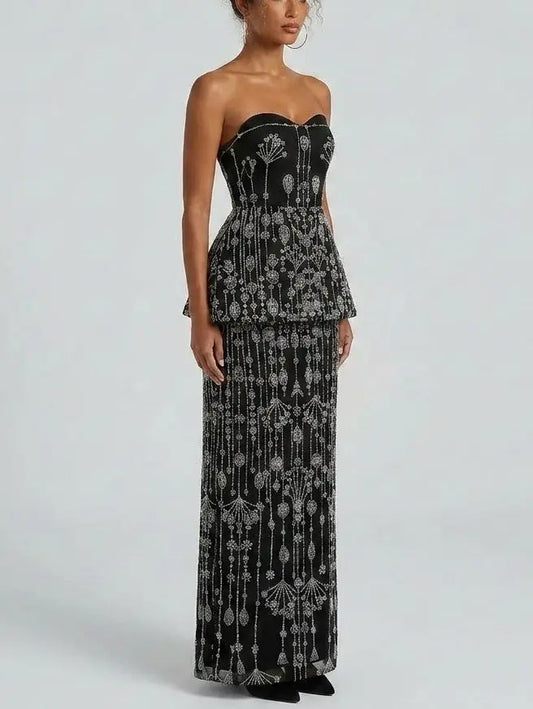 Strapless Crystal Beaded Peplum Top and Maxi Skirt Set - Suits & Sets