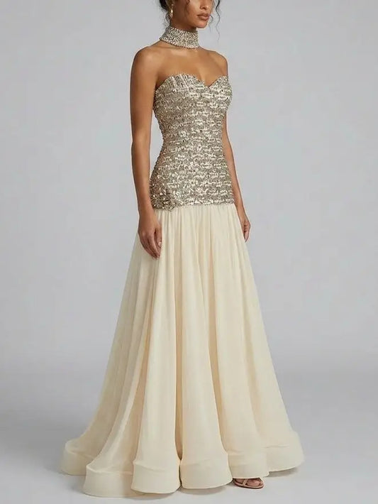 Strapless Crystal Corset Chiffon Evening Gown - Dresses