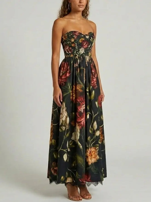 Strapless Fit and Flare Floral Maxi Dress with Lace Hem - Dresses