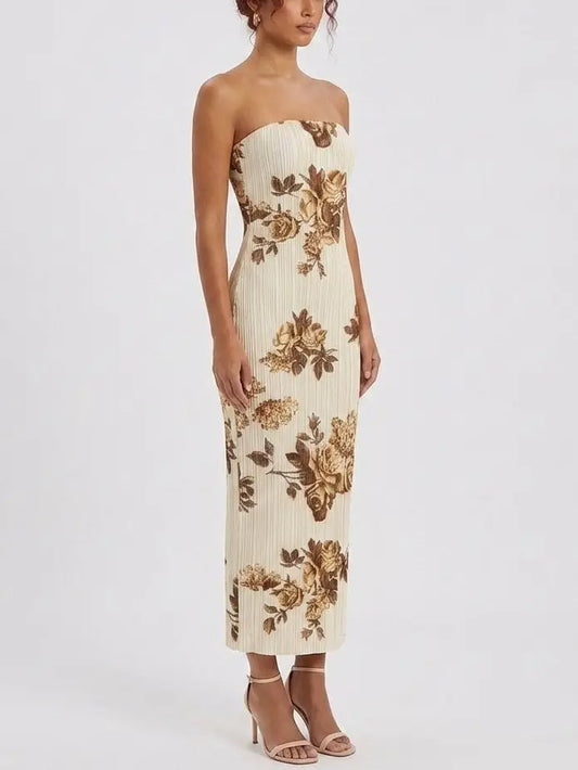 Strapless Floral Plissé Maxi Dress - Dresses
