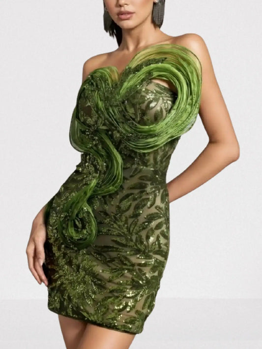 Strapless Green Sequin-Embellished Mini Dress - Dresses