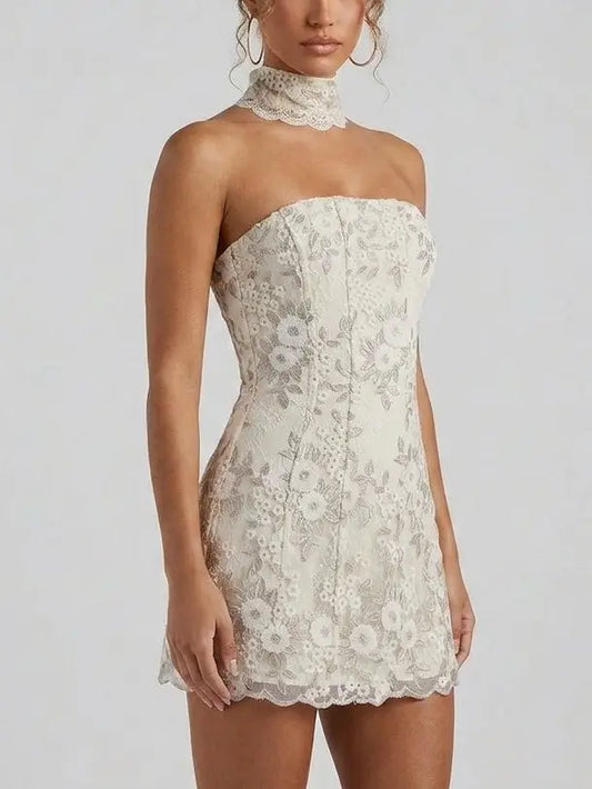 Strapless Lace Corset Mini Dress with Choker - Dresses