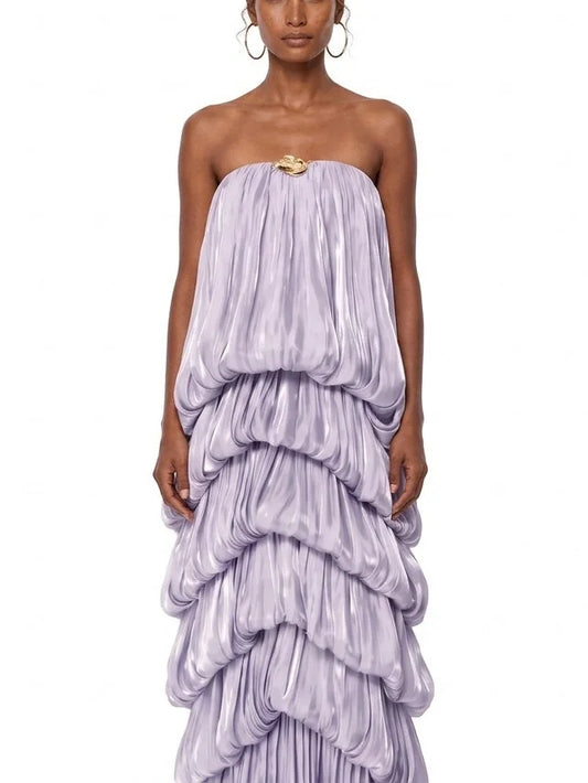 Strapless Lilac Maxi Dress with Draped Tiers - Dresses
