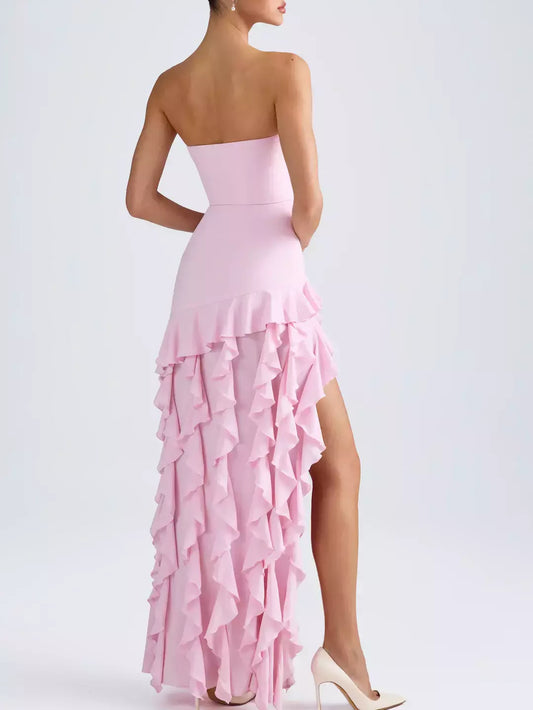 Strapless Long Pink Gown with Ruffled Skirt - Dresses