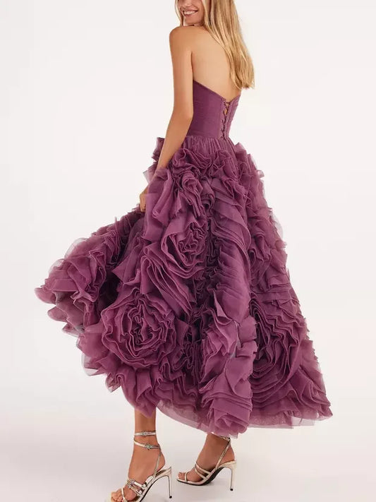 Strapless Purple 3D Floral Tulle Dress Dresses