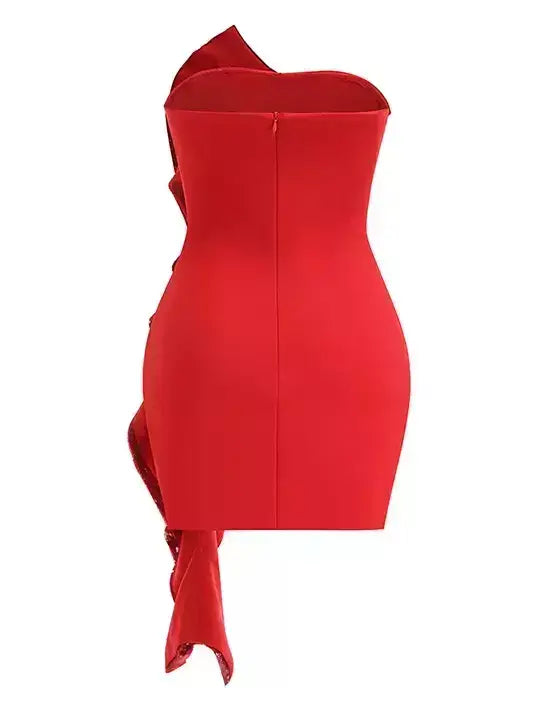 Strapless Red Mini Dress with Sequin Ruffle Cascade - Dresses