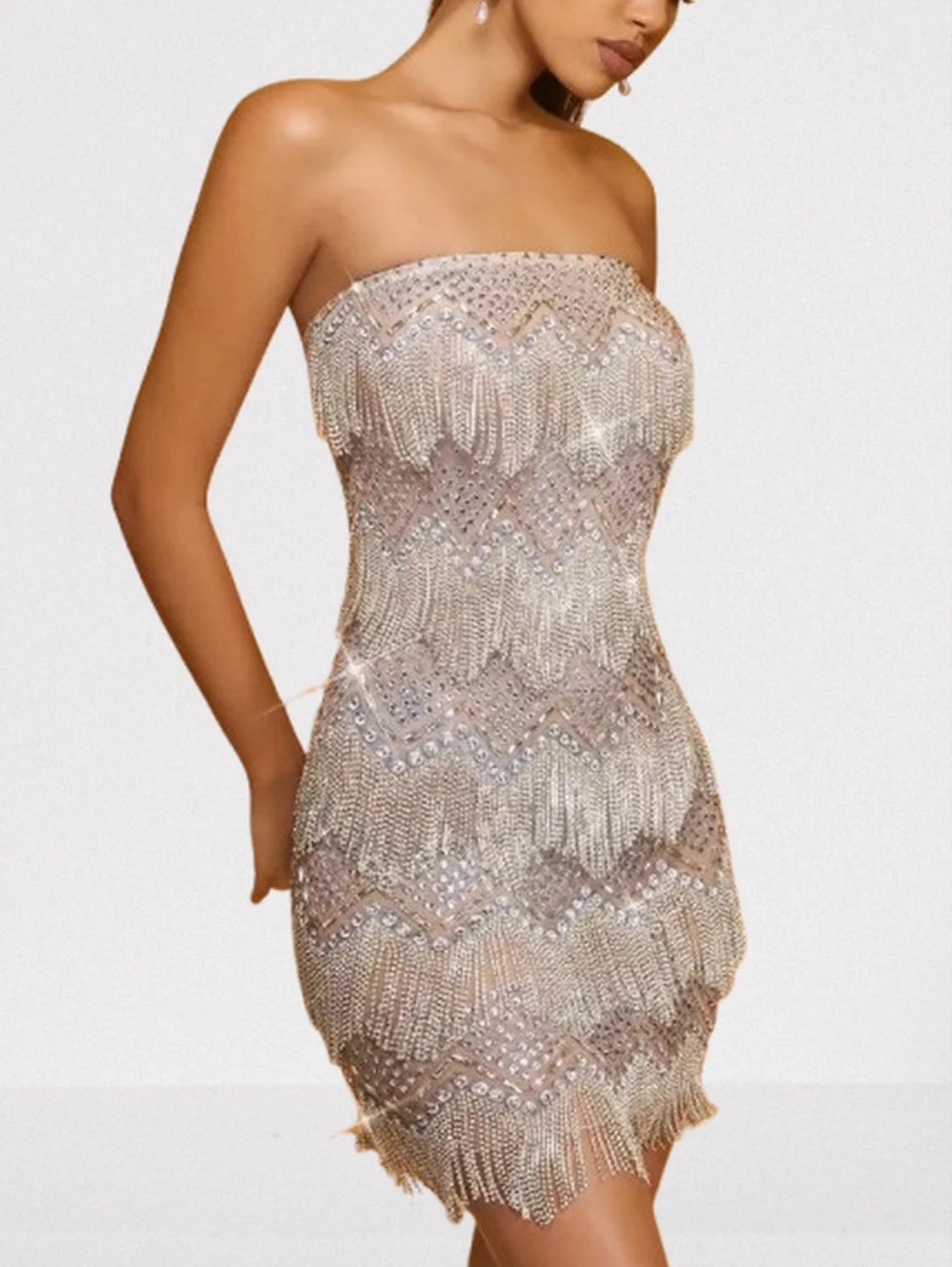 Strapless Rhinestone Fringed Mini Dress Dresses