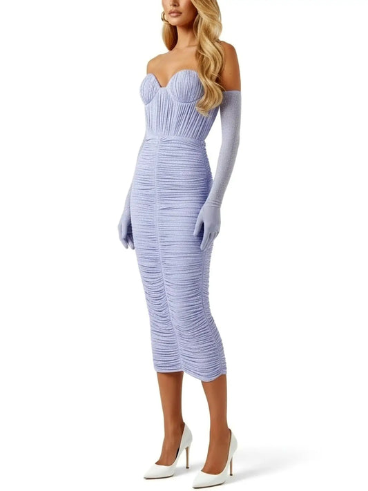 Strapless Rhinestone Ruched Midi Dress with Gloves - Dresses