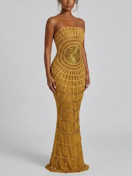 Strapless Sequin Mesh Gown with Structured Panels - Dresses