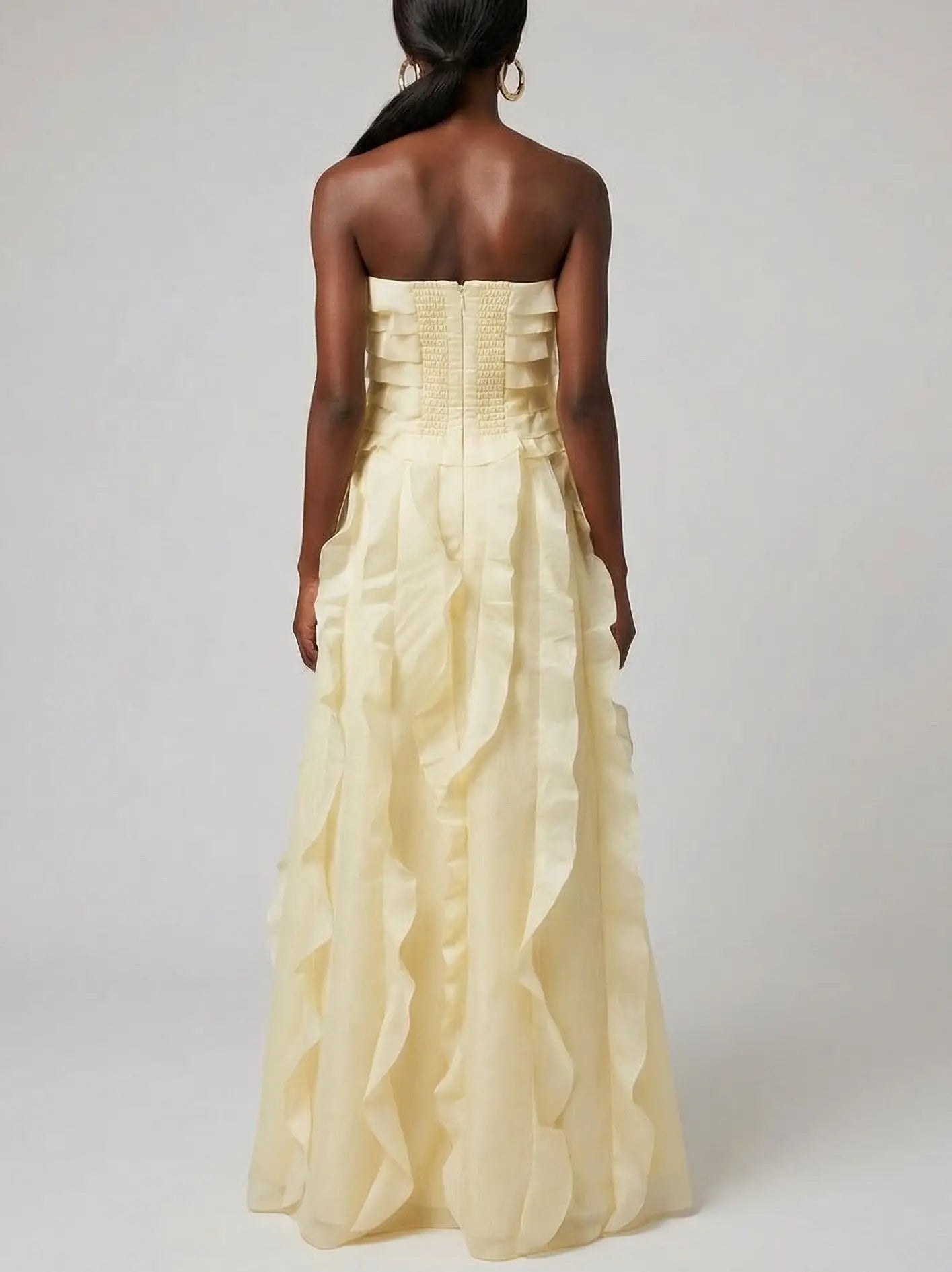 Strapless Tiered Frill Yellow Maxi Dress - Dresses