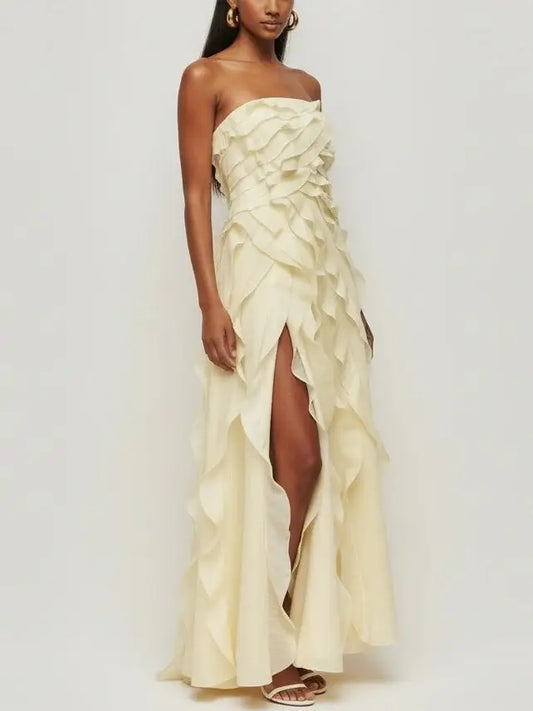 Strapless Tiered Frill Yellow Maxi Dress - Dresses