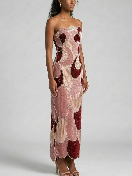 Strapless Velvet Panel Embellished Maxi Dress - Dresses