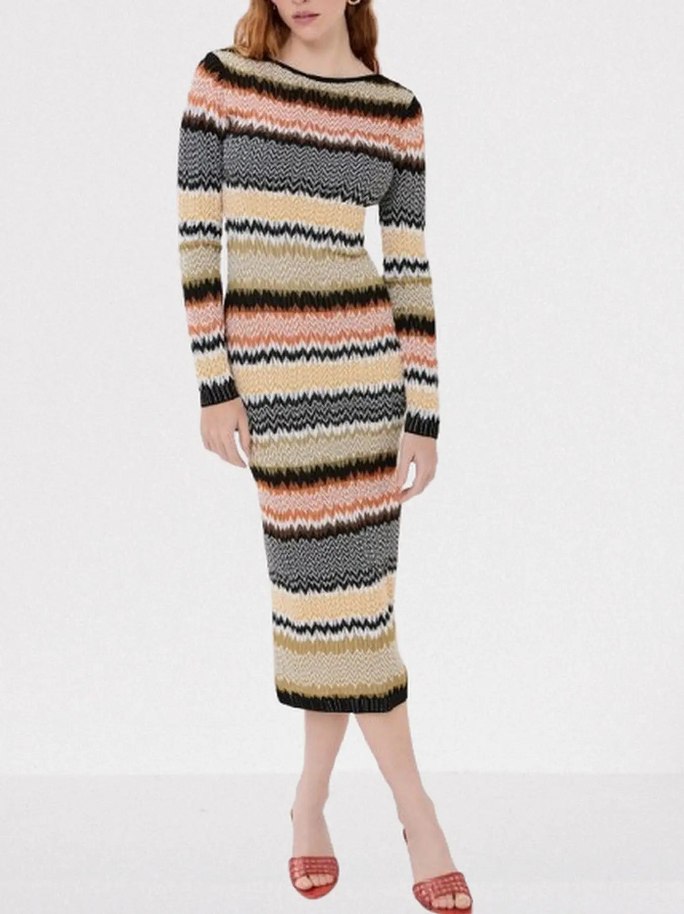 Stripe Zig Zag Knit Long-Sleeve Midi Dress - Dresses