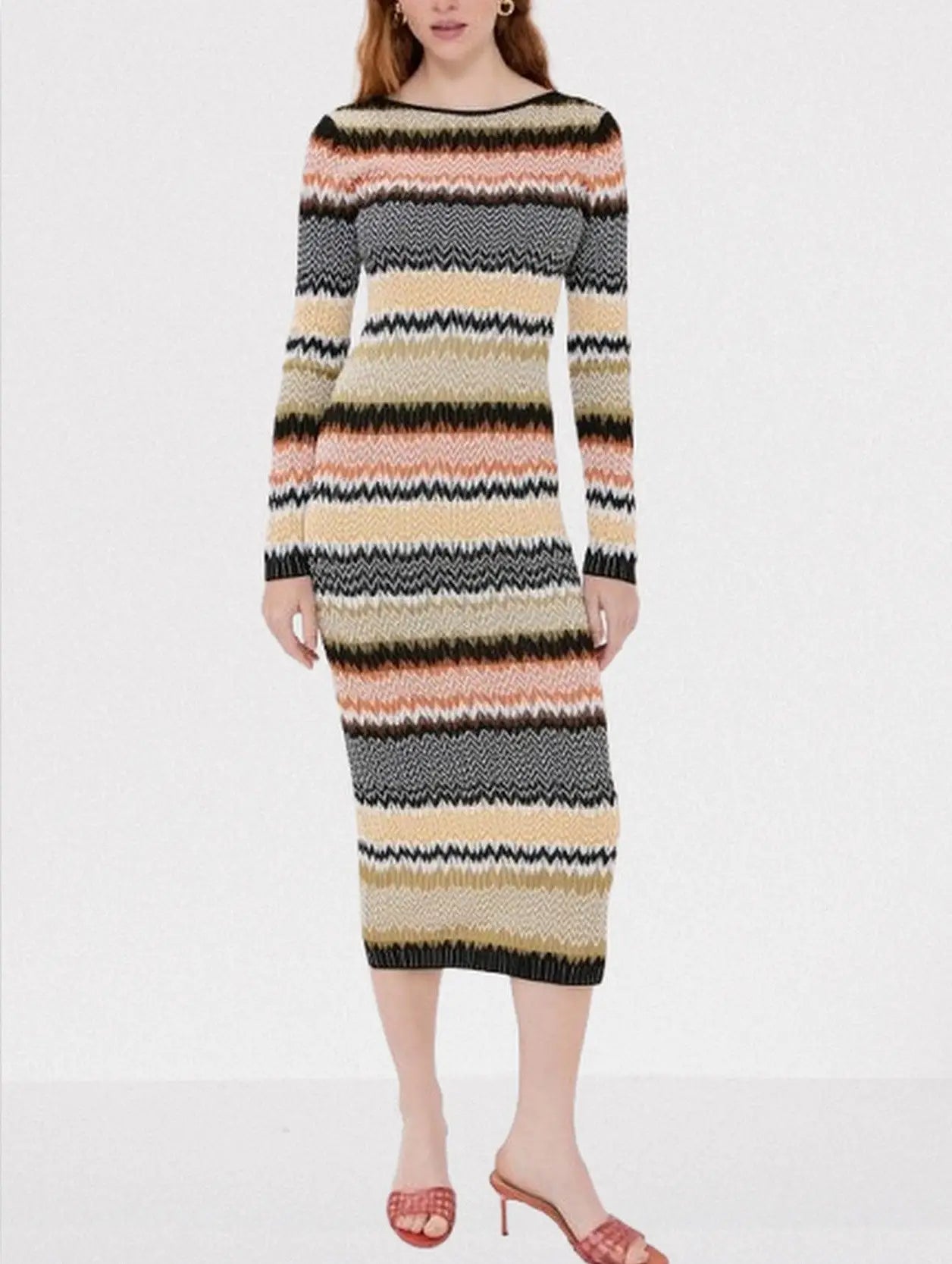 Stripe Zig Zag Knit Long-Sleeve Midi Dress - Dresses