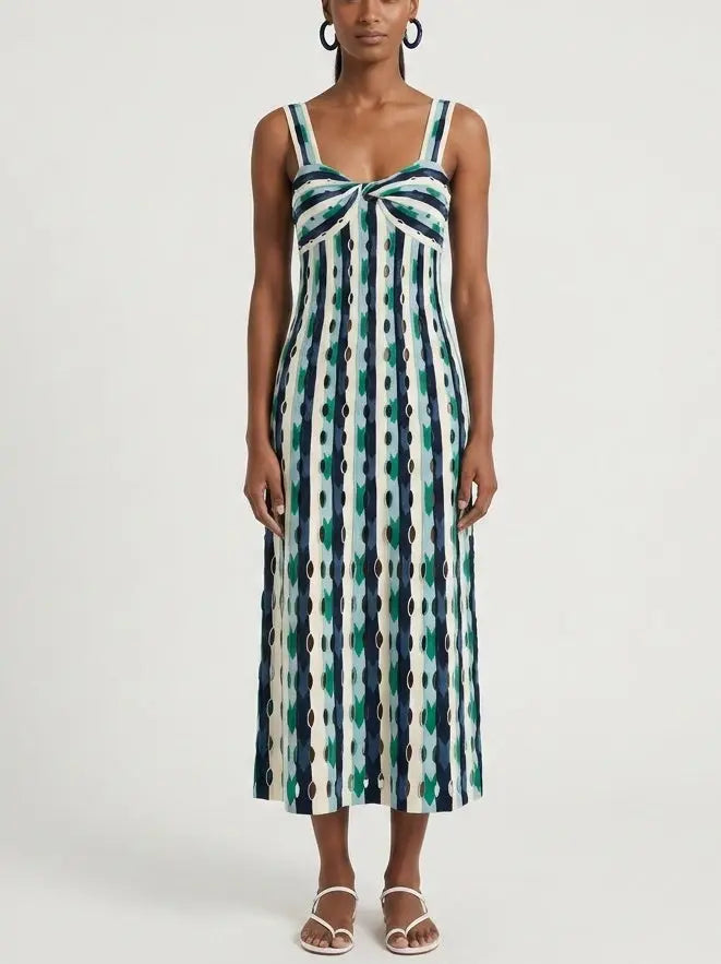 Striped Twist Front Cutout Paneled Knit Dress