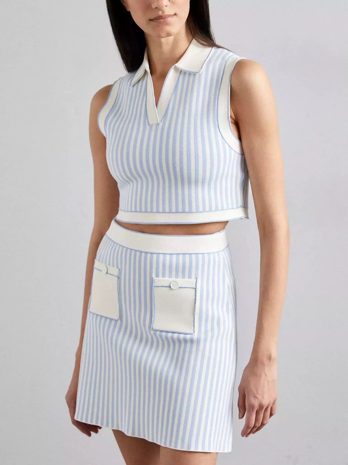 Striped Cropped Knit Sleeveless Top and Skirt Set - Suits & Sets