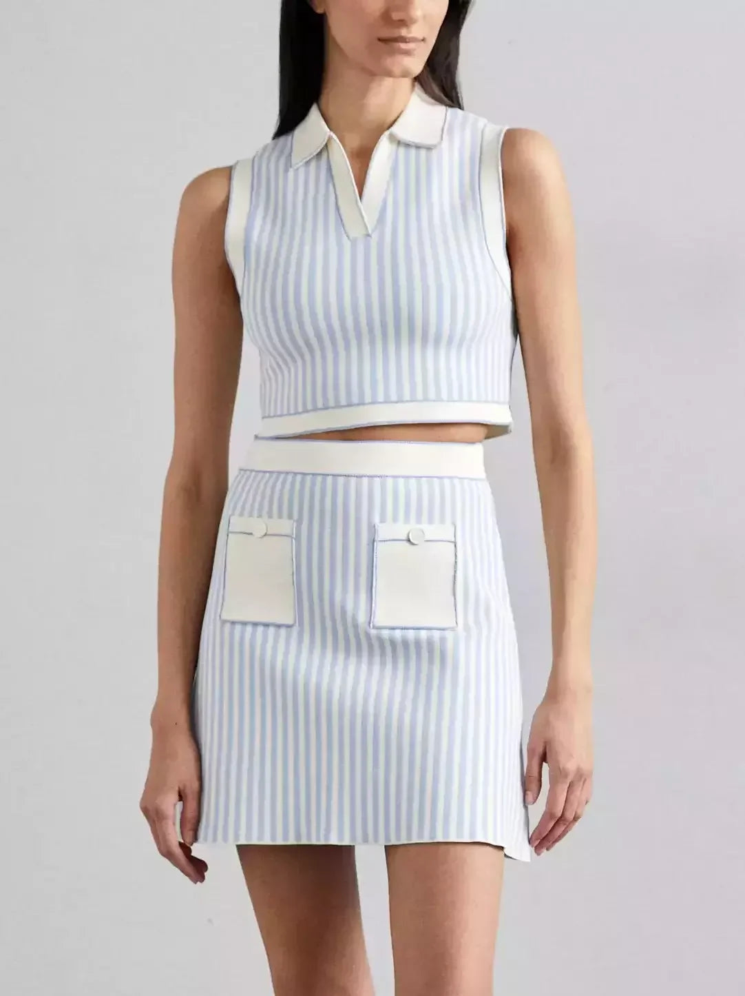 Striped Cropped Knit Sleeveless Top and Skirt Set - Suits & Sets