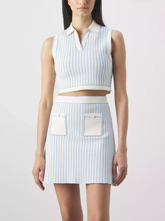 Striped Cropped Knit Sleeveless Top and Skirt Set - Suits & Sets