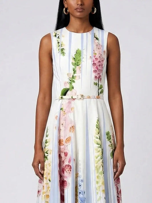 Striped Floral Belted Cotton Midi Dress - Dresses